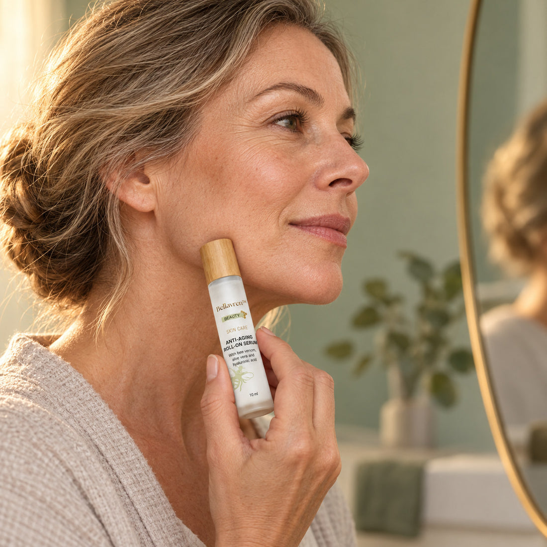 Woman rolling Bellavren serum along her jawline
